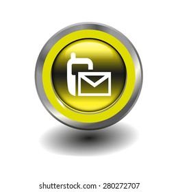 Yellow glossy button with metallic elements and white icon sms (mms), vector design for website