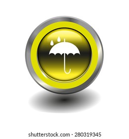 Yellow glossy button with metallic elements and white icon umbrella, vector design for website