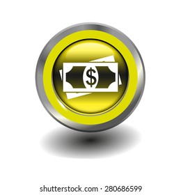Yellow glossy button with metallic elements and white icon dollars, vector design for website