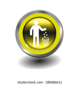 Yellow glossy button with metallic elements and white icon throw in the trash, vector design for website