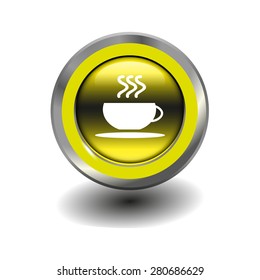 Yellow glossy button with metallic elements and white icon cup of coffee, vector design for website
