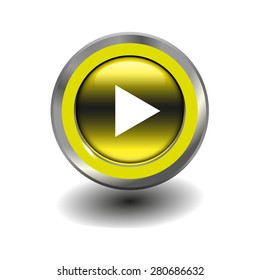 Yellow glossy button with metallic elements and white icon play, vector design for website