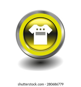 Yellow glossy button with metallic elements and white icon T-shirt, vector design for website