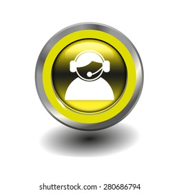 Yellow glossy button with metallic elements and white icon Tech Support, vector design for website