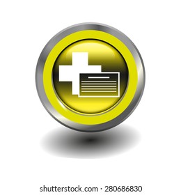 Yellow glossy button with metallic elements and white icon medical document, vector design for website