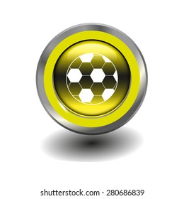 Yellow glossy button with metallic elements and white icon ball, vector design for website