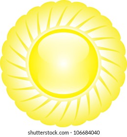 Yellow glossy shining sun isolated on white background. Vector illustration