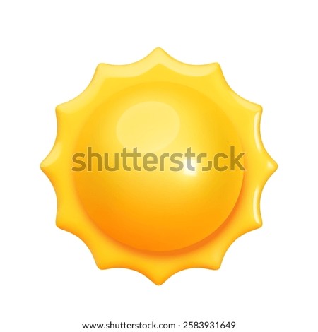 Yellow glossy sun icon with rays in realistic style isolated on white background. Weather icon design for website and mobile app. 3d sunny day sign. Vector illustration