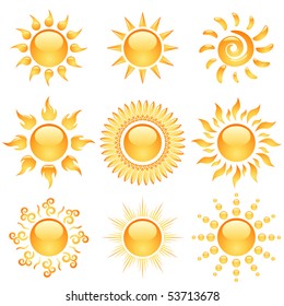 Yellow glossy sun icons collection isolated on white.