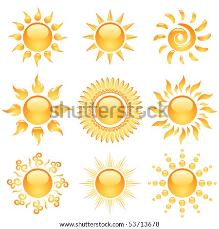 Yellow glossy sun icons collection isolated on white.