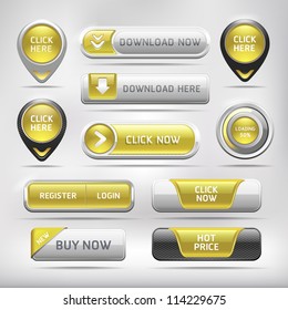 Yellow Glossy Web Elements Button Set. Vector illustration
