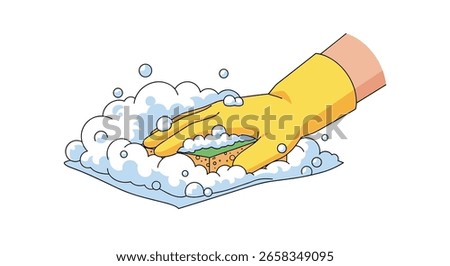 A yellow gloved hand is cleaning a surface with a sponge and lots of soap bubbles