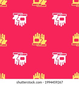 Yellow Gloves icon isolated seamless pattern on red background. Extreme sport. Sport equipment.  Vector