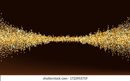 Yellow Glow Abstract Brown Dark Background. Anniversary Shine Invitation. Gold Sequin Isolated Pattern. Splash Shiny Backdrop.