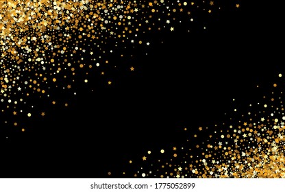 Yellow Glow Falling Black Background. Abstract Shine Backdrop. Gold Dust Festive Wallpaper. Dot Effect Texture.