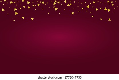 Yellow Glow Holiday Red Background. Golden Confetti Postcard. Golden Triangle Glamour Design. Rain Happy Invitation.