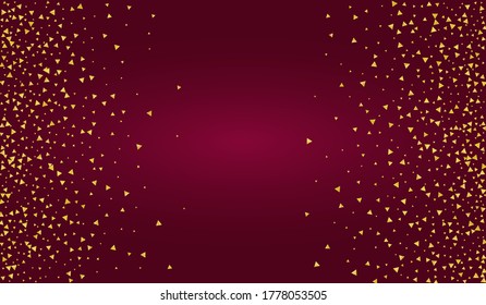Yellow Glow Holiday Red Background. Golden Confetti Postcard. Golden Triangle Glamour Design. Rain Happy Invitation.