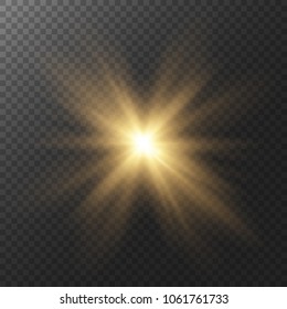 Yellow glow light effect. Star burst with sparkles. Sun with rays and glow on transparent background. Vector illustration