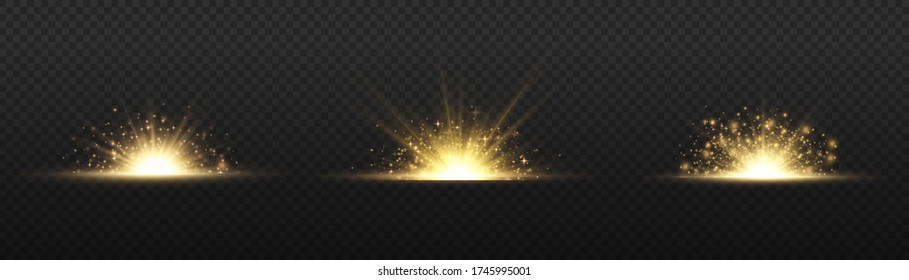 Yellow glow lights sun rays, flare special effect with rays of light and magic sparkles, star explosion on transparent background, bright and shining golden star, vector illustration, eps 10.