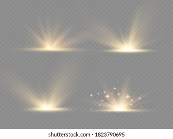 Yellow glow lights sun rays, bright and shining golden star, star explosion on transparent background, flare special effect with rays of light and magic sparkles, vector illustration, eps 10.