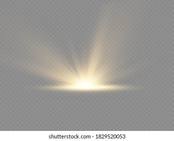 Yellow glow lights sun rays, star explosion on transparent background, flare special effect with rays of light and magic sparkles, bright and shining golden star, vector illustration, eps 10.