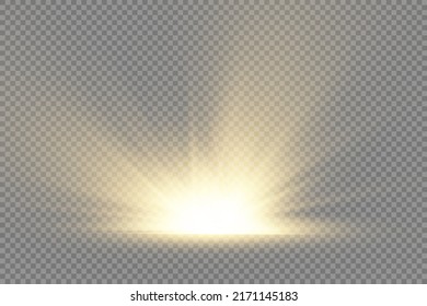 Sonnenstrahlen aus gelbem Licht, Sternexplosion auf transparentem Hintergrund, heller und leuchtender goldener Stern, flare Special Effect mit Strahlen aus Licht und Zaubersprüchen, Vektorgrafik, eps10.