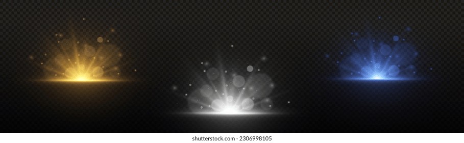 Yellow glow sparkling texture. Magical star dust sparks in explosion on black background. Bokeh effect. Fast motion effect. Star burst with sparkles. Vector magic white and blue rays glow light effect