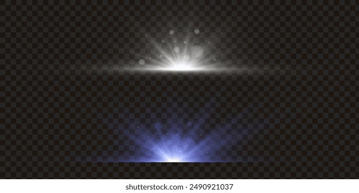 Yellow glow sparkling texture. Magical star dust sparks in explosion on black background. Bokeh effect. Fast motion effect. Star burst with sparkles. Vector magic white and blue rays glow light effect