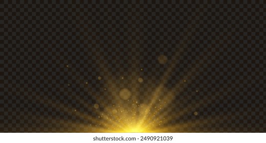 Yellow glow sparkling texture. Magical star dust sparks in explosion on black background. Bokeh effect. Fast motion effect. Star burst with sparkles. Vector magic white and blue rays glow light effect