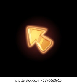 Flecha amarilla brillante, icono web para el diseño de juegos, vector de dibujos animados aislado en fondo negro. Elemento ui simple, elemento gui brillante de puntero dorado. Objeto para aplicación e interfaz web. botón de flecha apuntando