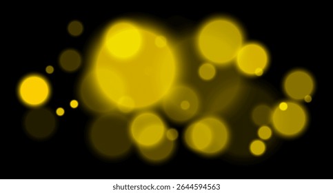 Yellow glowing bokeh with layered circle particles and blur effect on black backdrop. Creates a dramatic, energetic visual for digital compositions.