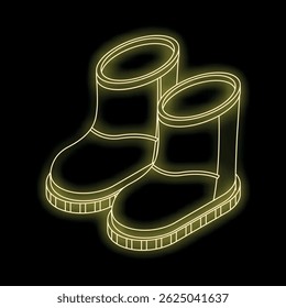 Yellow glowing contour of winter boots on a black background, winter shoes concept