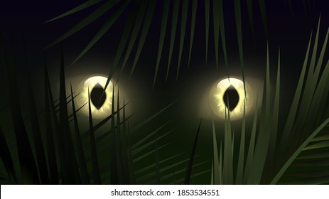 Yellow glowing eyes of wild predator in tropical leaves