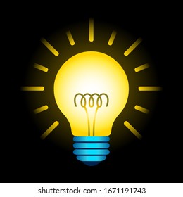 Yellow Glowing Filament Light Bulb On Black Background. Lighting Electric Lamp With Spiral And Rays. Vector Graphic Design Element. Creative Idea Sign, Solution, Thinking, Innovation Concept.