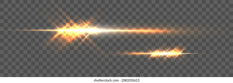Yellow glowing flash of light on a transparent background. Vector illustration for decoration. A bright star, a flash of the sun. Glare texture.