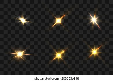 Yellow glowing flash of light on a transparent background. Vector illustration for decoration. A bright star, a flash of the sun. Glare texture.