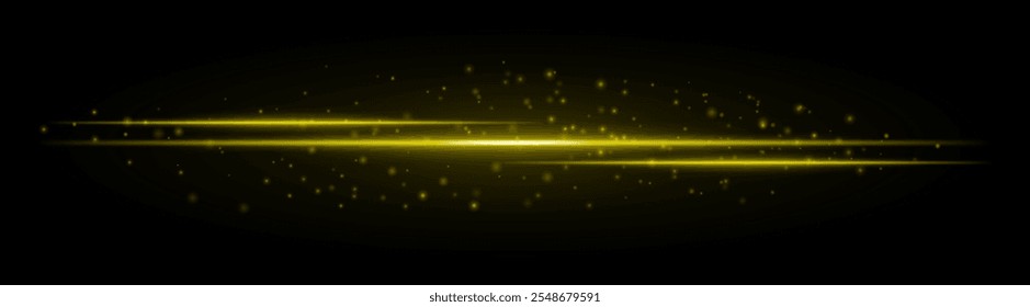 Yellow glowing laser beam with scattered spark effects on a dark background, creating a futuristic and dynamic atmosphere.