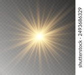 Yellow glowing light burst explosion with transparent. Vector illustration for cool effect decoration with ray sparkles. Bright star. Transparent shine gradient glitter, bright flare. Glare texture.