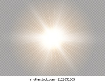 Yellow glowing light burst explosion with transparent. Vector illustration for cool effect decoration with ray sparkles. Bright star. Transparent shine gradient glitter, bright flare. Glare texture.