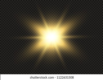 Yellow glowing light burst explosion with transparent. Vector illustration for cool effect decoration with ray sparkles. Bright star. Transparent shine gradient glitter, bright flare. Glare texture.