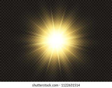 Gelbes leuchtendes Licht explodiert Explosion mit durchsichtigem Licht. Vektorillustration-Illustration für coole Effektdekoration mit Strahlfunkeln. Heller Stern. Transparenter glänzender Farbverlauf-Glitter, heller Fackel. Glatte Textur.