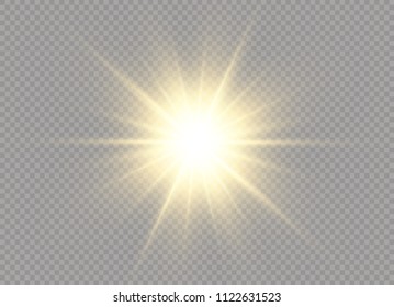 Yellow glowing light burst explosion with transparent. Vector illustration for cool effect decoration with ray sparkles. Bright star. Transparent shine gradient glitter, bright flare. Glare texture.