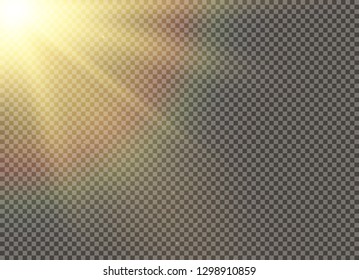 Yellow glowing light burst explosion on transparent background. Vector illustration light effect decoration with ray. Bright star. Translucent shine sun, bright flare. Center vibrant flash