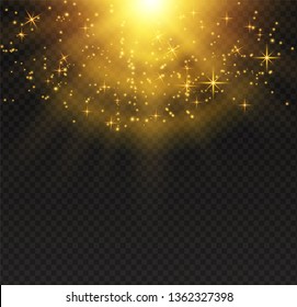 yellow glowing light burst explosion on transparent background. Vector illustration light effect decoration with ray. Bright star. Translucent shine sun, bright flare. Center vibrant flash