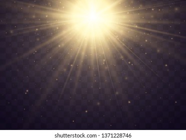 yellow glowing light burst explosion on transparent background. Vector illustration light effect decoration with ray. Bright star. Translucent shine sun, bright flare. Center vibrant flash