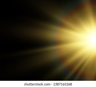 Yellow glowing light burst explosion on transparent background. Vector illustration light effect decoration with ray. Bright star. Translucent shine sun