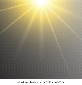 Yellow glowing light burst explosion on transparent background. Vector illustration light effect decoration with ray. Bright star. Translucent shine sun