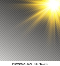 Yellow glowing light burst explosion on transparent background. Vector illustration light effect decoration with ray. Bright star. Translucent shine sun