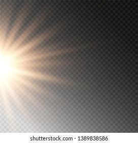 Yellow glowing light burst explosion on transparent background. Vector illustration light effect decoration with ray. Bright star. Translucent shine sun