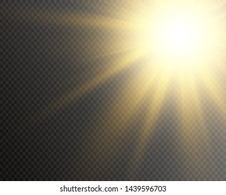 Yellow glowing light burst explosion on transparent background. Vector illustration light effect decoration with ray. Bright star. Translucent shine sun, bright flare. Center vibrant flash